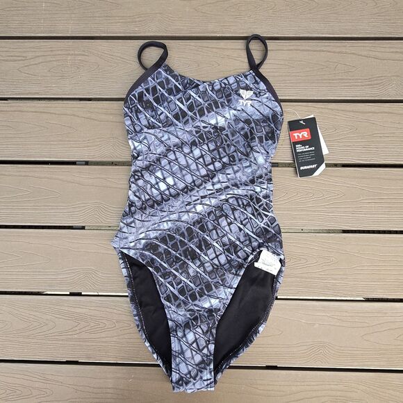 TYR Youth Durafast Elite P lexus Gray/black CutoutFit 1 Pc Swimsuit Sz 24  NEW - Picture 1 of 4